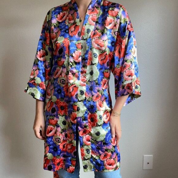 Vintage 90s Gold Label Victoria Secret Floral Satin Night Gown Robe Sz M - Picture 7 of 10